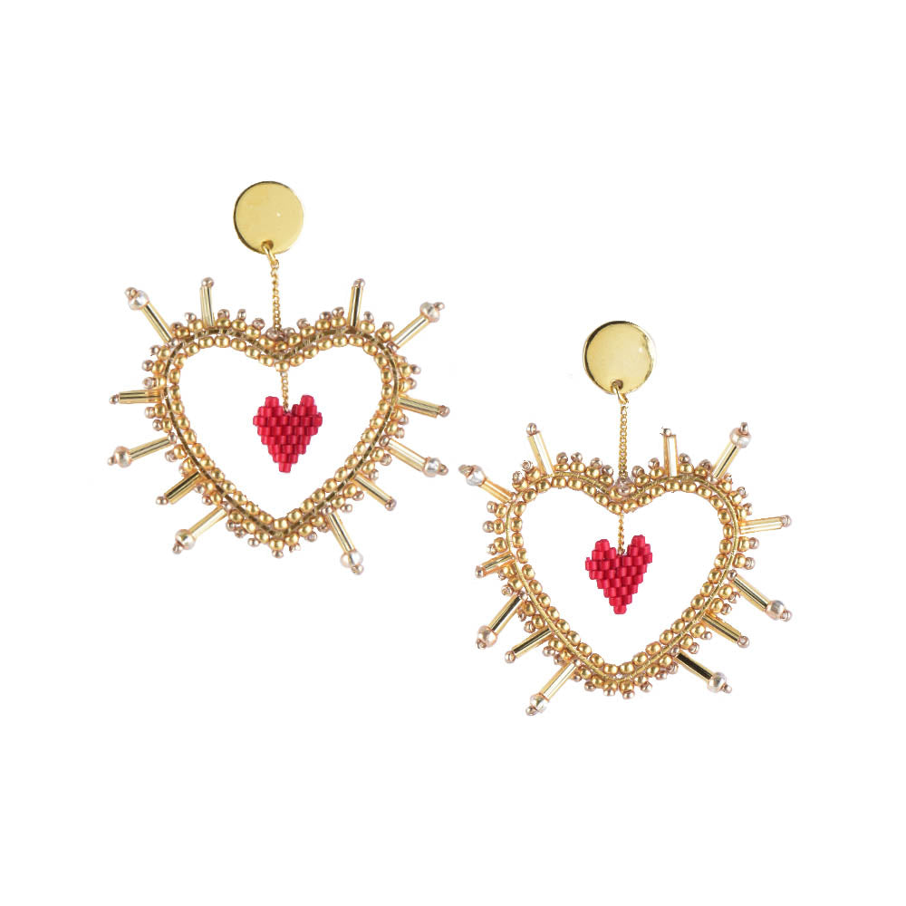 Aretes Sacred Heart Dorado y Rojo