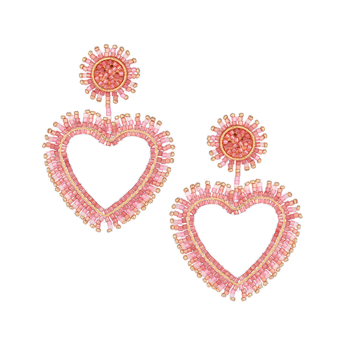Aretes de corazones chapados en oro con flecos bordados en Miyuki