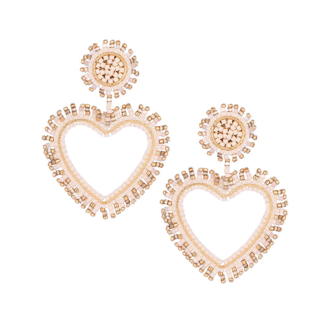 Aretes de corazones chapados en oro con flecos bordados en Miyuki
