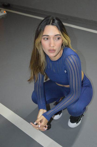 Long Sleeve Fancy Crop Top Blue
