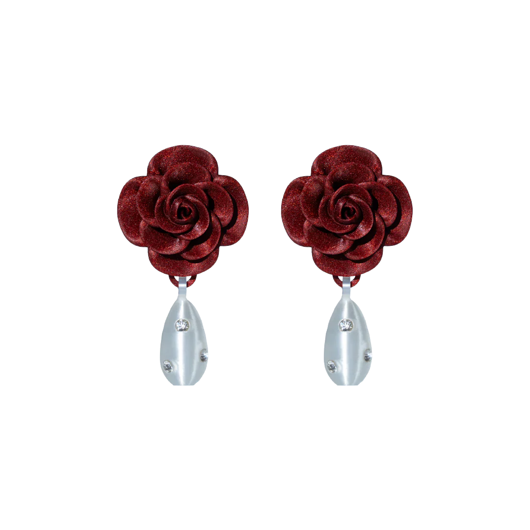 ARETES DE ROSAS CON DIJE DE PERLA